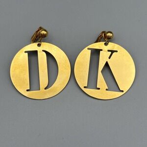 Vintage Donna Karan Statement Earrings DKNY Gold Tone Clip Ons Initials